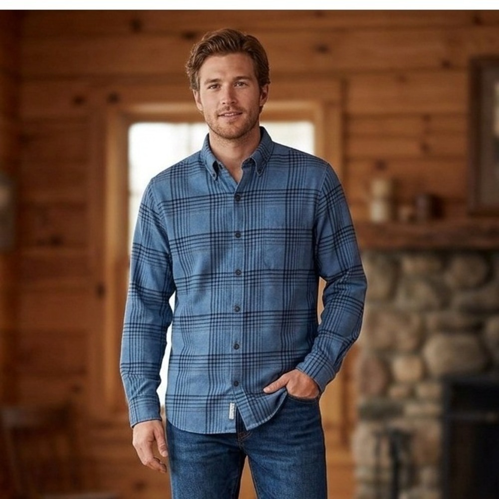 Blake Shelton Lands End Flannel Shirt Mens Size Large Blue Plaid Button Down